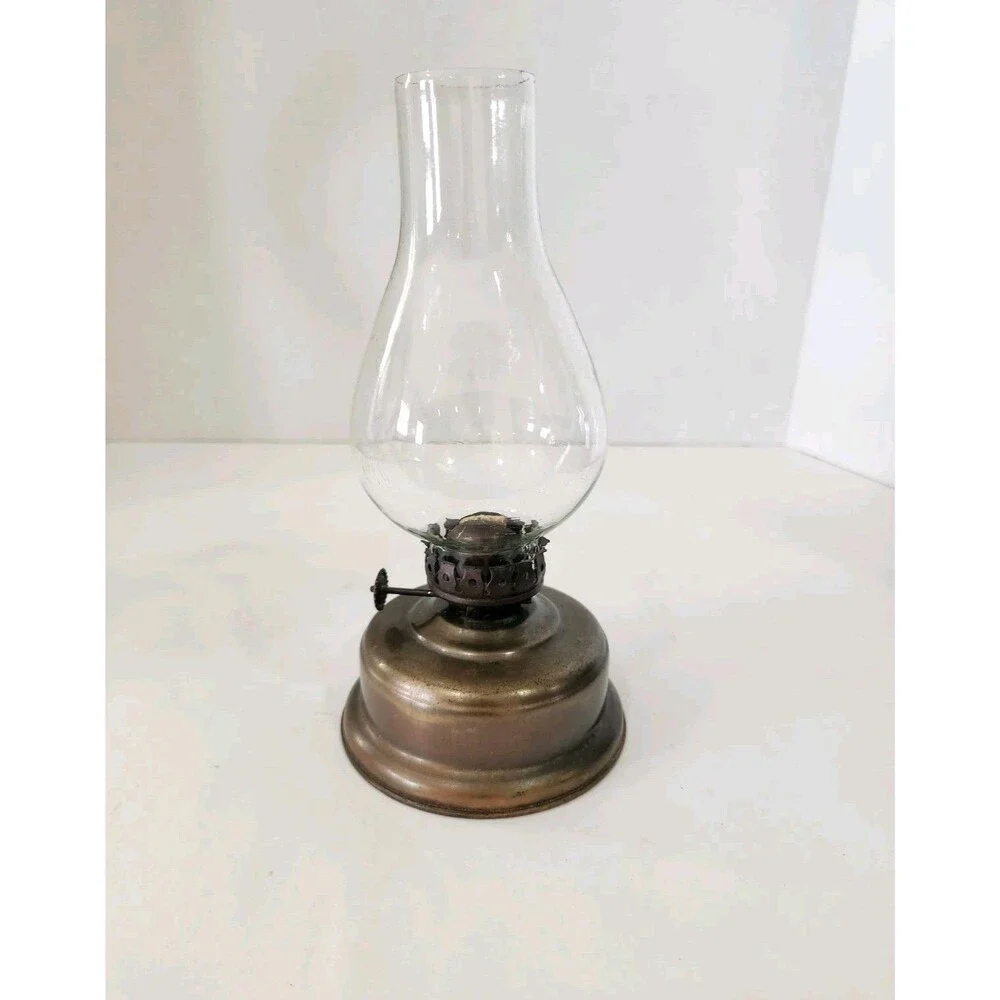 Mini Oil Lamp Vintage Metal Base Copper Color Clear Glass Shade 9